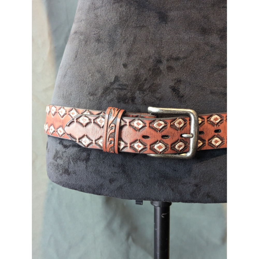 Roper Brown Leather Western Boho Distressed Stitched Belt Size 34 Medium
